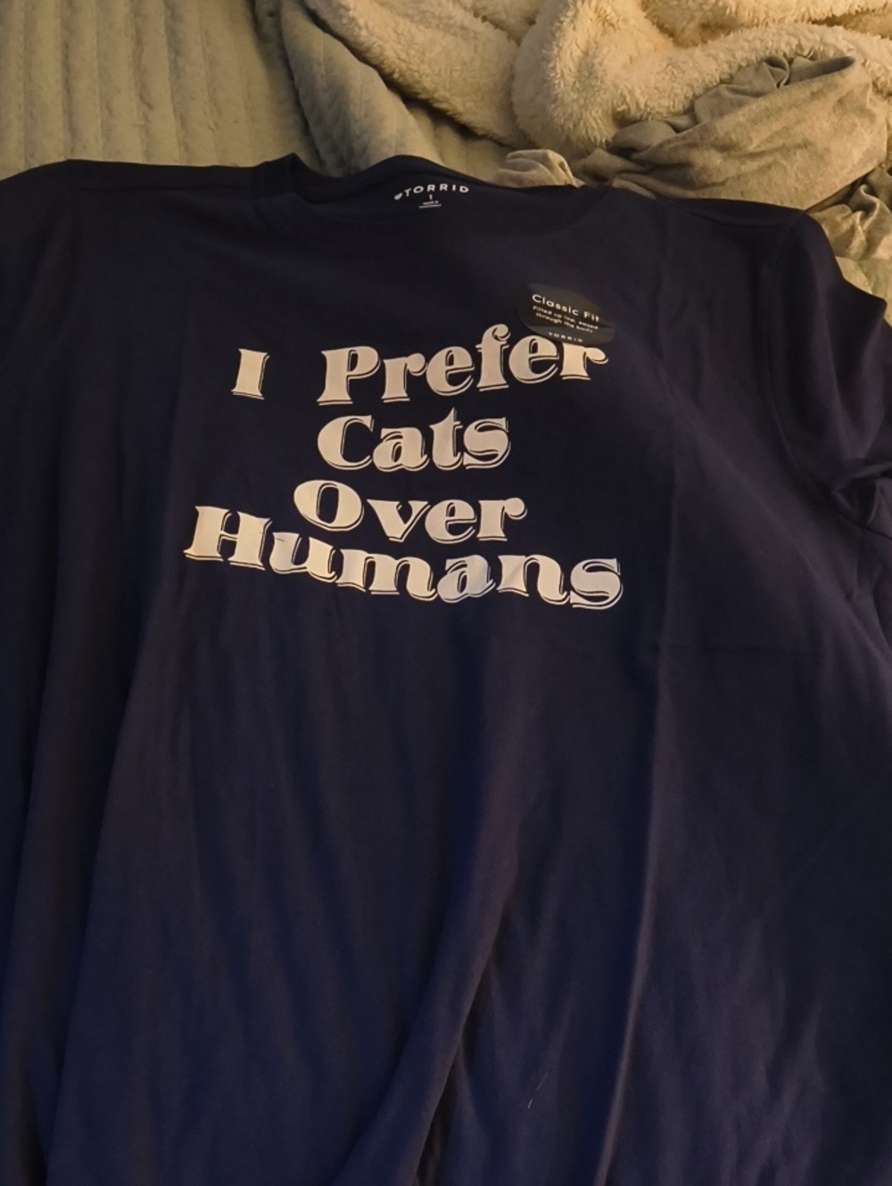 torrid navy graphic tee with "I Prefer Cats Over Humans" slogan
